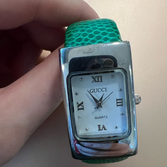 Gucci Silver and Green Watch with Roman Numerals